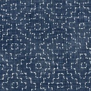 Sashiko Crosses in Indigo Blue (xl scale) | Hand stitched squares, Japanese sashiko stitching (kakinohana) on deep blue linen texture, indigo kantha quilt, tessellation, blue and white rustic square pattern.