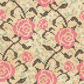 Cross Stitch Roses  - extra large - pink, black, and teal on golden linen