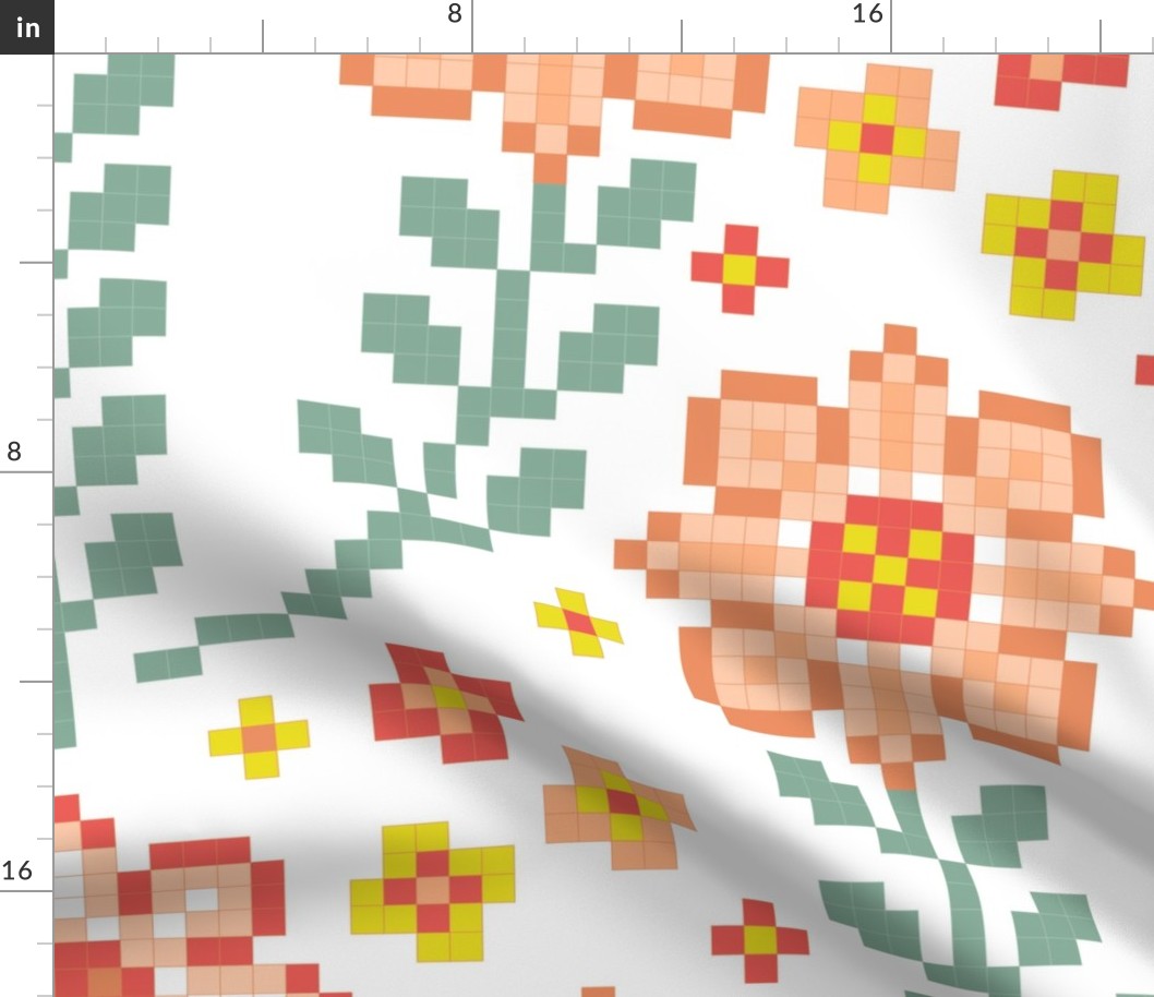 Geometric Floral- Cross Stitch Flowers- Pixel Art- Spring- Extra Large