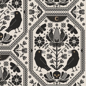 Cross stitch ravens, folk flowers, moths, skull  - blackwork goth cottage core - large