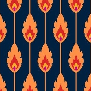 Phoenix Plume Feathers - Orange, Red, Yellow, Pink on Navy Blue