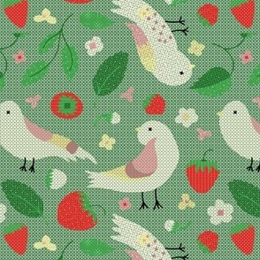 Birds and Strawberries in Cross Stitch on Green