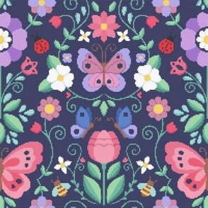Flower garden cross stitch style - butterflies - bees - ladybug - whi