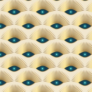 Art Deco Evil Eye - Teal + Navy Blue + Metallic Gold on Neutral Off White