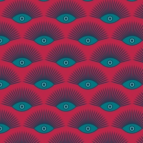 Art Deco Evil Eye - Navy Blue + Teal on Pantone Viva Magenta