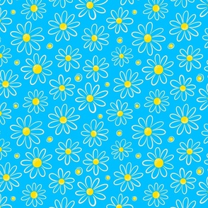 Garmonika - Magic Field Flower - Daisy Whimsycal Moood - Botanical  Ornament -  Golden Yellow White Deep Sky Blue Capri Cyan - Small