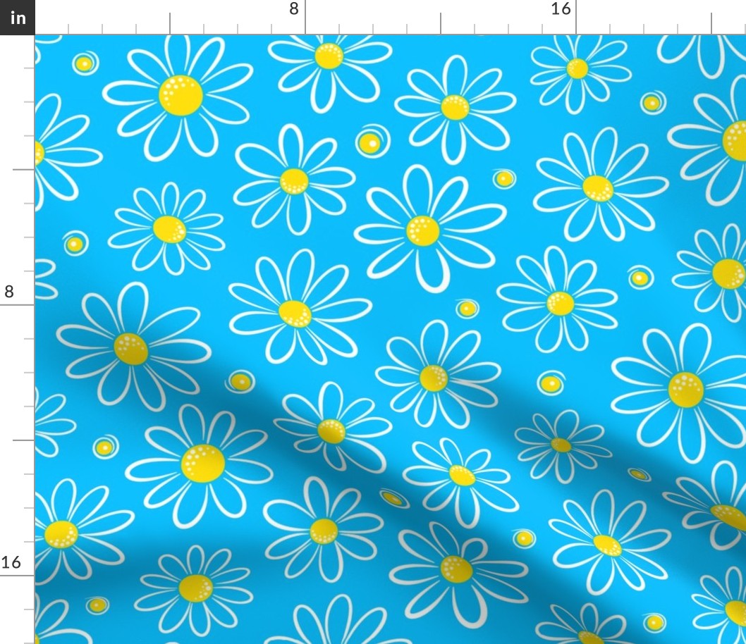 Garmonika - Magic Field Flower - Daisy Whimsycal Moood - Botanical  Ornament -  Golden Yellow White Deep Sky Blue Capri Cyan - Middle