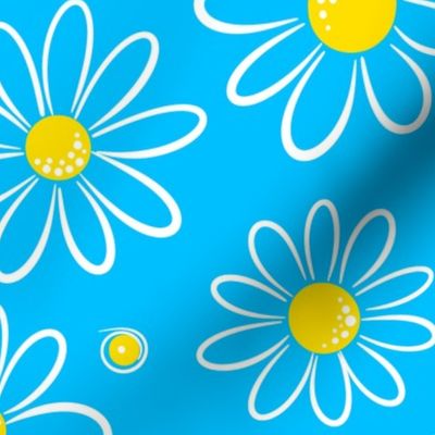 Garmonika - Magic Field Flower - Daisy Whimsycal Moood - Botanical  Ornament -  Golden Yellow White Deep Sky Blue Capri Cyan - Large