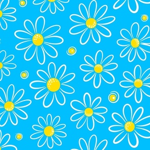 Garmonika - Magic Field Flower - Daisy Whimsycal Moood - Botanical  Ornament -  Golden Yellow White Deep Sky Blue Capri Cyan - Large