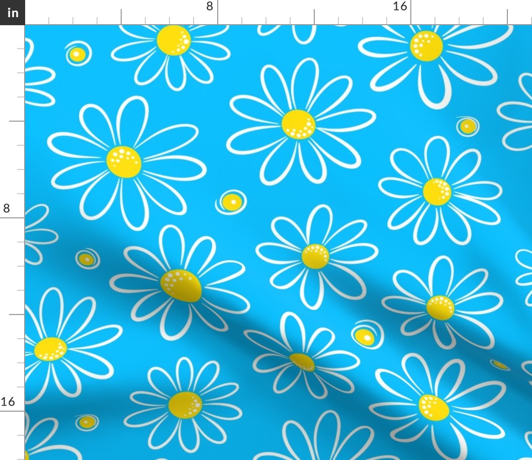 Garmonika - Magic Field Flower - Daisy Whimsycal Moood - Botanical  Ornament -  Golden Yellow White Deep Sky Blue Capri Cyan - Large