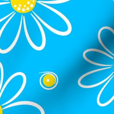 Garmonika - Magic Field Flower - Daisy Whimsycal Moood - Botanical  Ornament -  Golden Yellow White Deep Sky Blue Capri Cyan - Mega Large