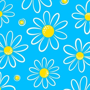 Garmonika - Magic Field Flower - Daisy Whimsycal Moood - Botanical  Ornament -  Golden Yellow White Deep Sky Blue Capri Cyan - Mega Large