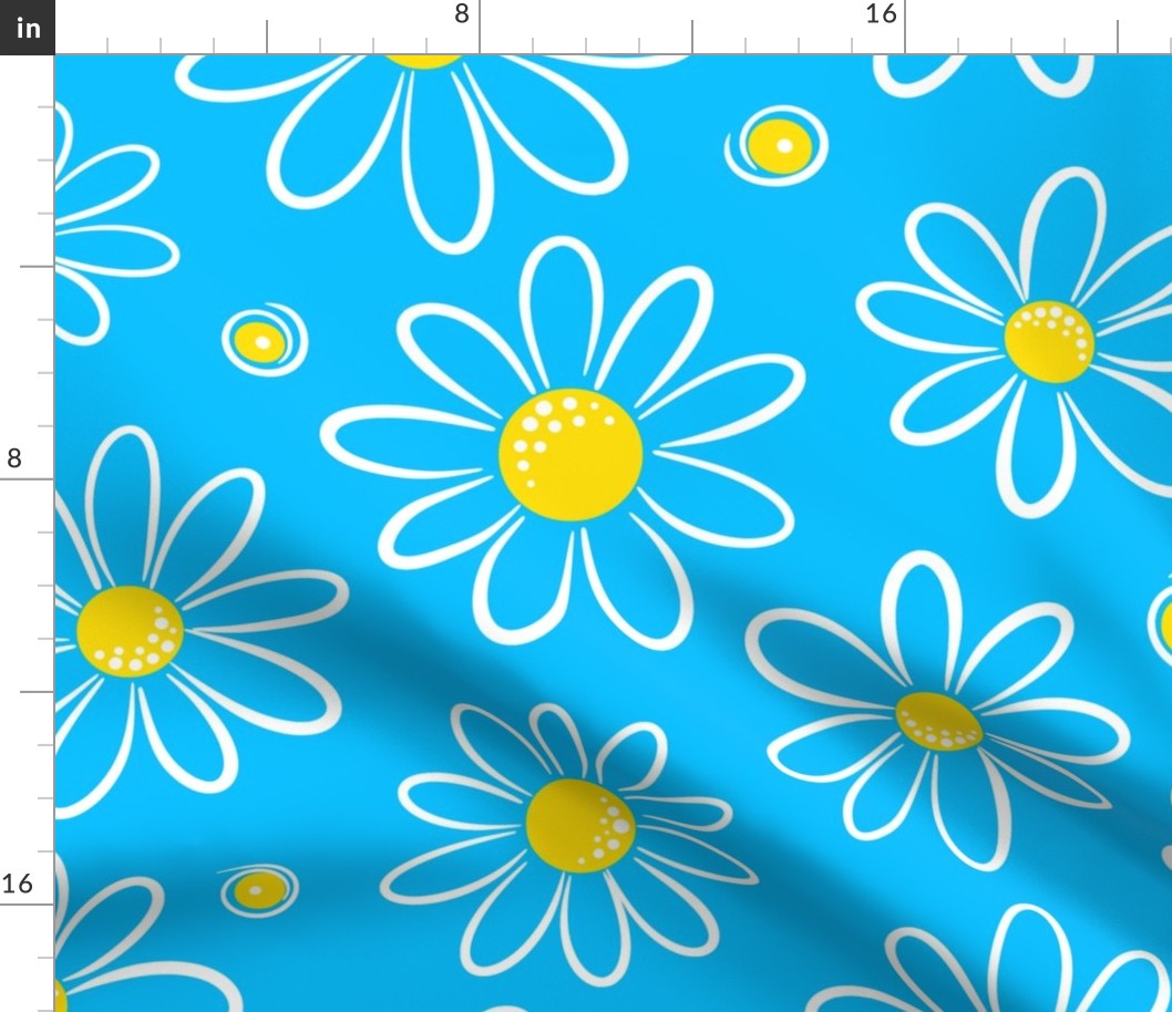 Garmonika - Magic Field Flower - Daisy Whimsycal Moood - Botanical  Ornament -  Golden Yellow White Deep Sky Blue Capri Cyan - Mega Large