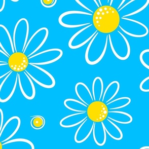 Garmonika - Magic Field Flower - Daisy Whimsycal Moood - Botanical  Ornament -  Golden Yellow White Deep Sky Blue Capri Cyan - Huge MegaLarge