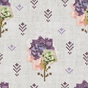 Purple Petal and Succulent Cross Stitch with Texture