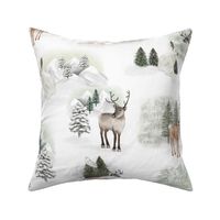 Winter Forest Animals Reindeer and Fawn in Snow