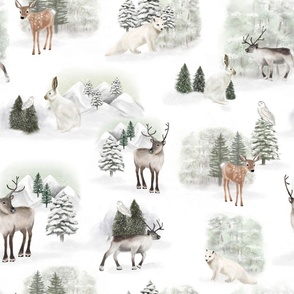 Winter Forest Animals Reindeer and Fawn in Snow