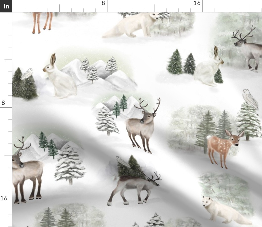 Winter Forest Animals Reindeer and Fawn in Snow