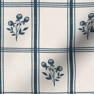 French Kitchen Plaid,  Floral - Blue