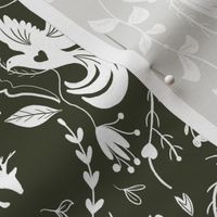 Scandinavian Folk Line Art Reindeer and Doves in Spruce and White