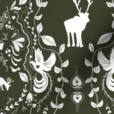 Scandinavian Folk Line Art Reindeer and Doves in Spruce and White