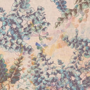 Watercolor woodland ferns on a linen texture background
