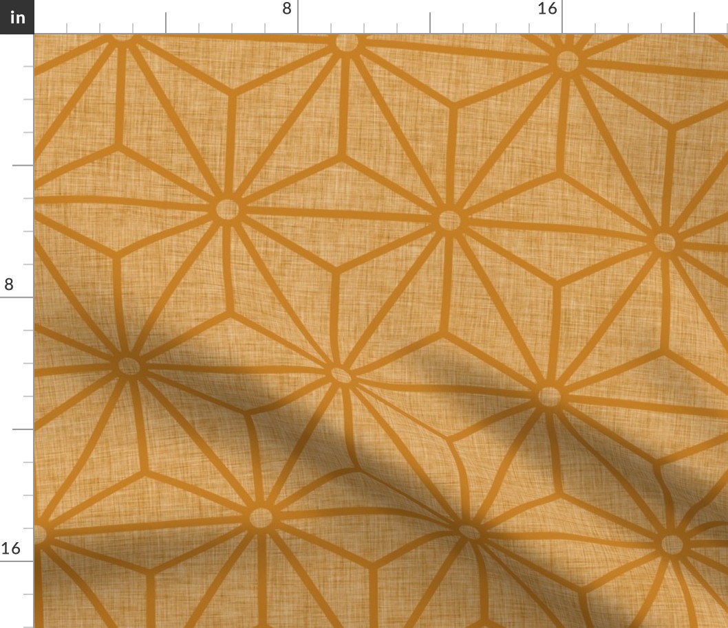15 Geometric Stars- Japanese Hemp Leaves- Asanoha- Linen Texture on Desert Sun Gold Mustard Background- Petal Solids Coordinate- Large