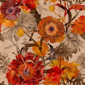 Calendula flowers in retro orange, yellow and red tones with a vintage vibe