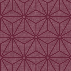 16 Geometric Stars- Japanese Hemp Leaves- Asanoha- Linen Texture on Wine- Burgundy Red Background- Petal Solids Coordinate- Large
