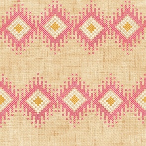 Cross Stitch Ikat Diamond - extra large - pink, marigold, and white on golden linen
