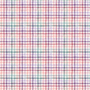 Cheerful, Rainbow, Organic, Hand-painted Gingham Checkered Pattern in Muted Pink, Red, Purple, Green, Blue