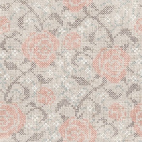 Cross Stitch Roses - extra large - taupe and blush