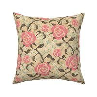 Cross Stitch Roses - 12" large - pink and black on golden linen