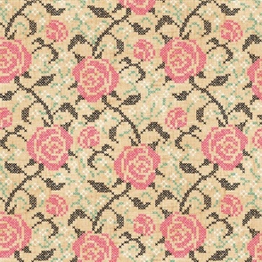 Cross Stitch Roses - 12" large - pink and black on golden linen