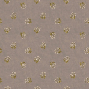 Peaceful Taupe Grey textured  background with Spray of Tiny White Flowers, Green Foliage