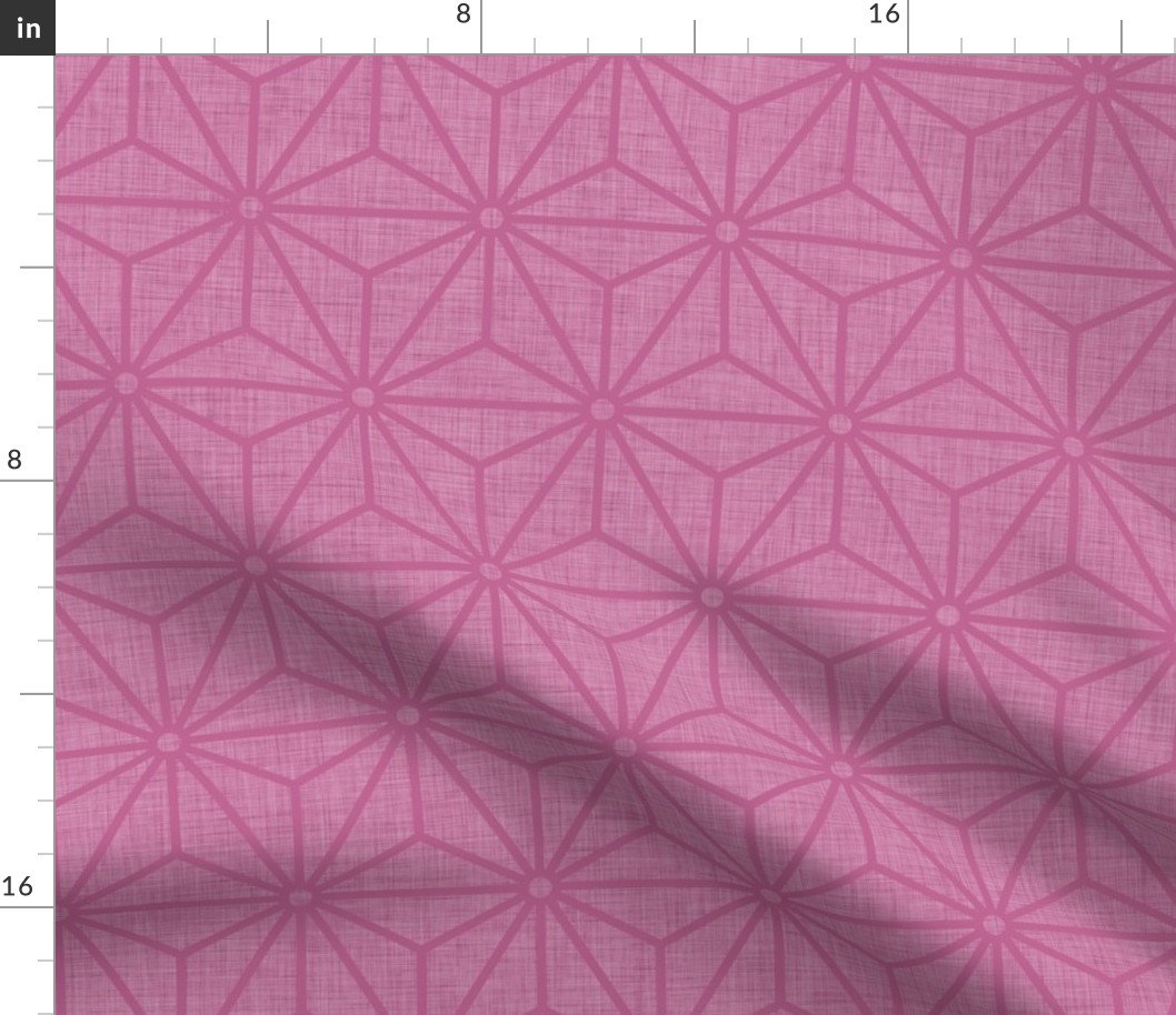 20 Geometric Stars- Japanese Hemp Leaves- Asanoha- Linen Texture on Peony Pink Background- Petal Solids Coordinate- Medium