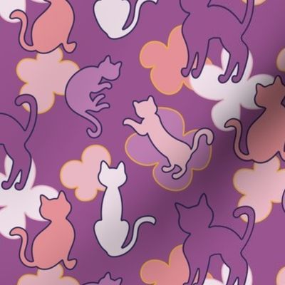 Pastel color flowers & cats on purple background // home decor fabric (small)