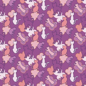 Pastel color flowers & cats on purple background // home decor fabric (small)