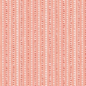 Whimsical stripes- dots and squares, coral background large scale