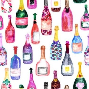 Champagne Bottles - Watercolor Hot Pink, Teal, Green, Goldenrod Yellow