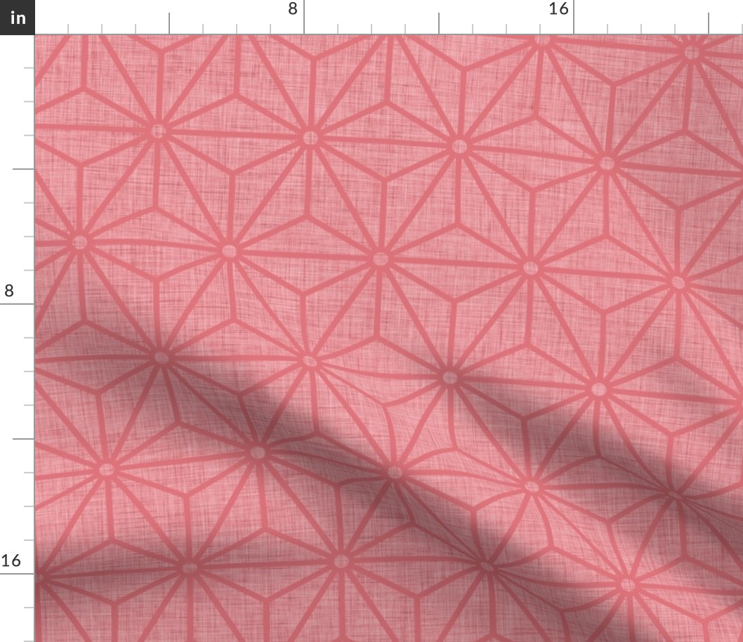 23 Geometric Stars- Japanese Hemp Leaves- Asanoha- Linen Texture on Watermelon Background- Petal Solids Coordinate- Medium