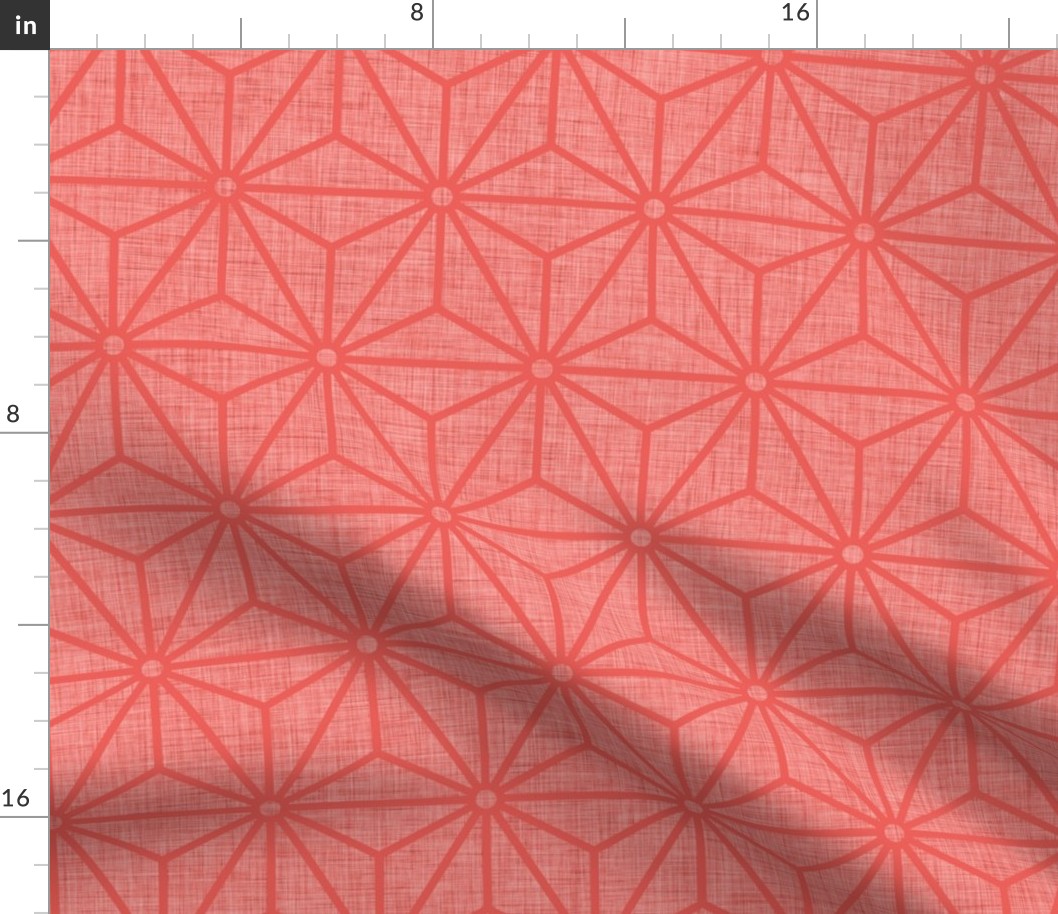 24 Geometric Stars- Japanese Hemp Leaves- Asanoha- Linen Texture on Coral Background- Petal Solids Coordinate- Medium