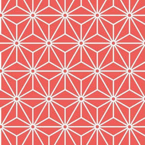 24 Geometric Stars- Japanese Hemp Leaves- Asanoha- White on Coral Background- Petal Solids Coordinate- Medium