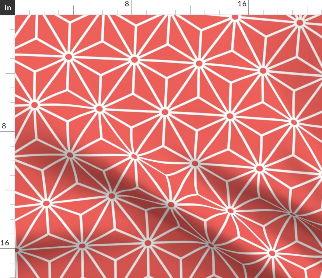 24 Geometric Stars- Japanese Hemp Leaves- Asanoha- White on Coral Background- Petal Solids Coordinate- Medium