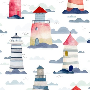Life at Sea - Hand drawn red and blue lighthouse and waves Large - watercolor coastal decor - ocean wallpaper - kids nursery - lake house