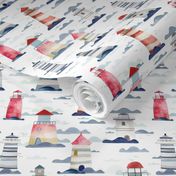 Life at Sea - Hand drawn red and blue lighthouse and waves medium - watercolor coastal decor - ocean wallpaper - kids apparel - lake house