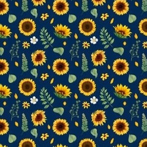 Sunflowers on Navy Blue Background - Ditsy Small Scale Scrunchie Fabric