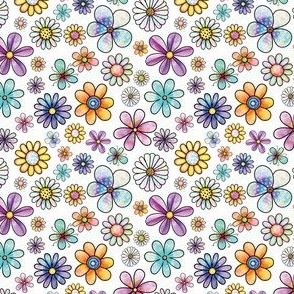 Retro Flower Power Pattern on Whitest White - Ditsy Small Scale Scrunchie Fabric