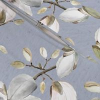 White and Blue Floral / White Blossom / Magnolia Green Flowers / Watercolor 