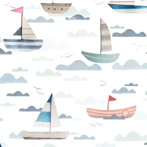 Life at Sea - Hand drawn watercolor Sail Boats Large - coastal wallpaper - ocean home decor - lake house